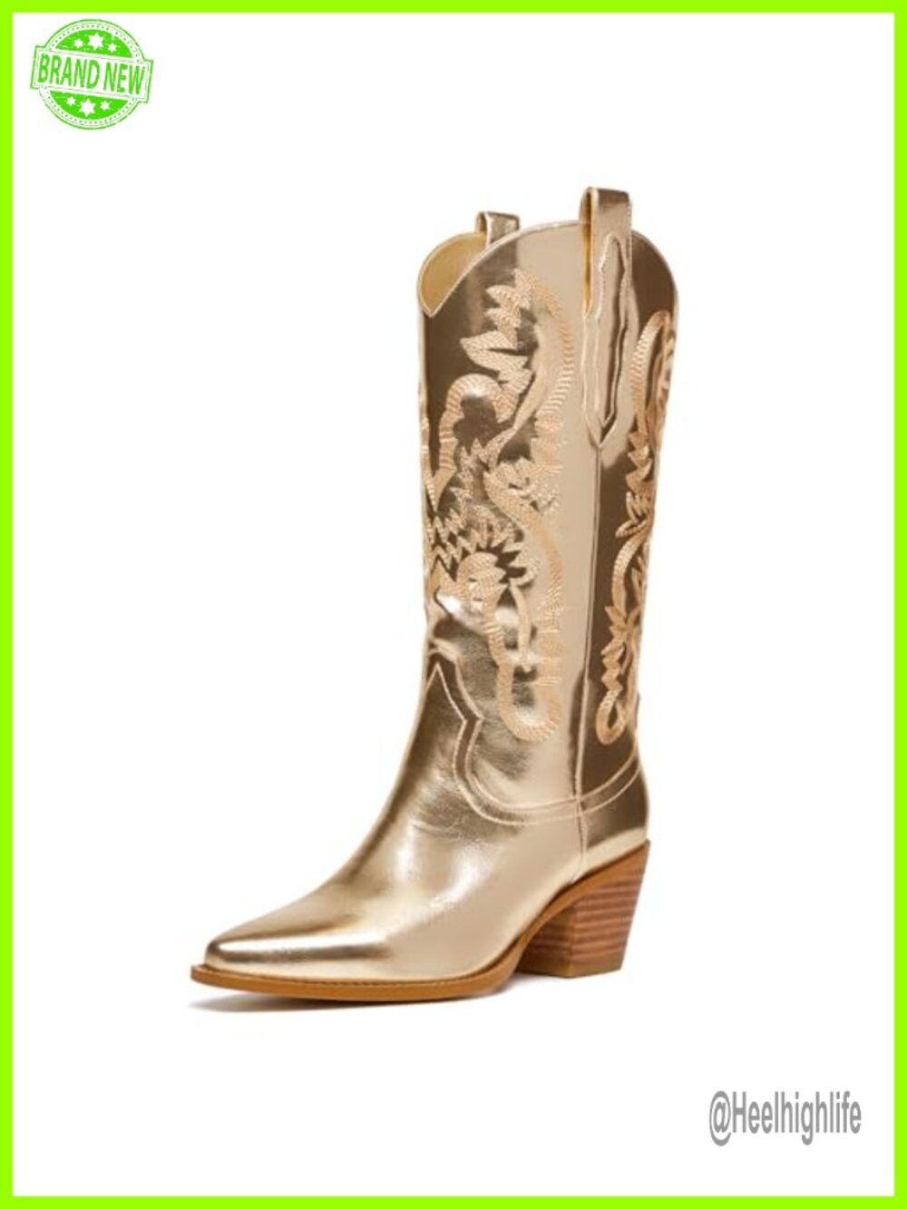 Glitter PU Wide Calf Western Cowboy Boots Chunky Heel Pointy Toe Women